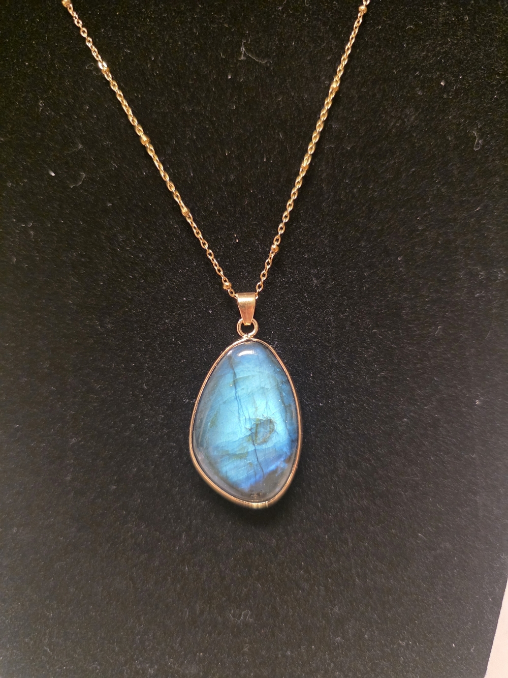 Flashy Blue Labradorite Pendant With Gold Tone Bezel And Chain